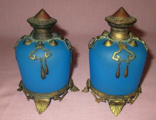 Antique 19th C French Grand Tour Blue Opaline Pair Glass Perfume Scent Bottles