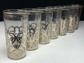 Set Of 7 Vintage Glass Hollywood Regency Silver Culver Drinking Highball Glasses