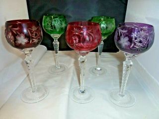 5 Czech Bohemian Cut To Clear Multi,  Green,  Red,  Purple,  Wine Glasses 8 1/4 "