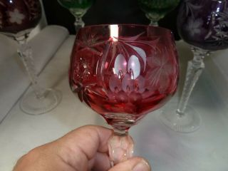 5 CZECH BOHEMIAN CUT TO CLEAR MULTI,  GREEN,  RED,  PURPLE,  WINE GLASSES 8 1/4 