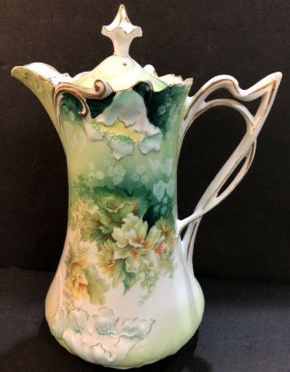 Rare S & T R.  S.  Germany Chocolate Teapot Pitcher Tea Pot Green Roses Red Mark