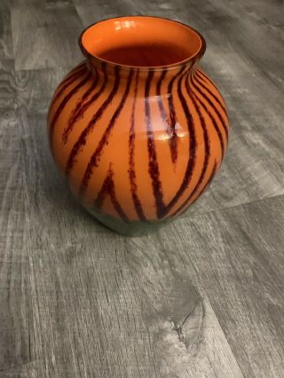 Vintage Signed Czechoslovakia Art Glass Vase Orange,  Black,  Green