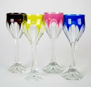 Vintage Czech Bohemian Multi Color Cut To Clear Wine Goblet Glasses Set Of 4