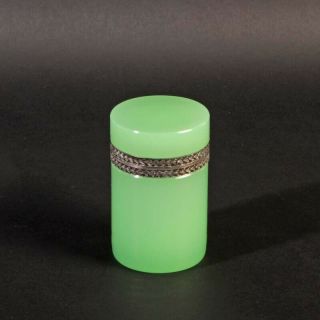 French Opaline Glass Box Green Silver Metal Round Casket Fine Vintage Glas