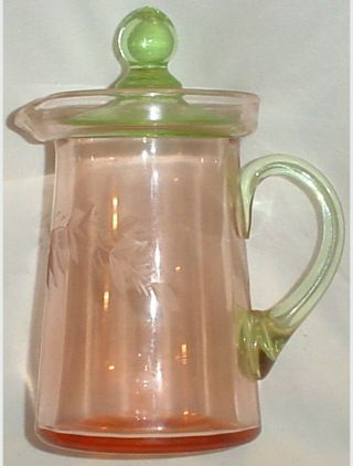 Vintage Etched Pink & Green Watermelon Glass Syrup Pitcher Optic Panels/5.  5 "