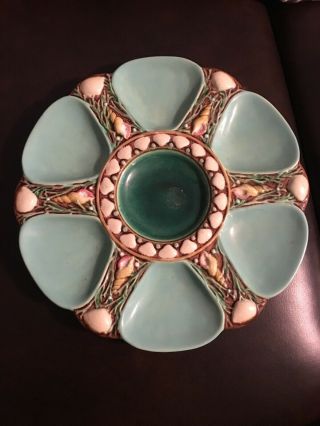 Minton Oyster Plate In Turquoise 1323 Shell & Seaweed Six Spokes Majolica