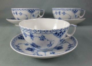 - 3 - Royal Copenhagen - 1st Quality - Blue Fluted Half Lace Tea Cups & Saucers 656