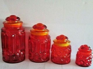 Vintage Set Of 4 Amberina Glass Canisters Moon & Stars L E Smith With Lids Nos