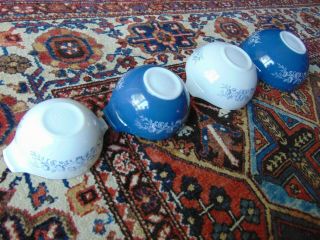 Vintage Set 4 Pyrex Colonial Mist Blue White Cinderella Mixing Nesting Bowls