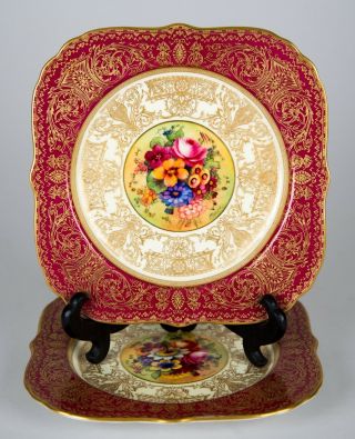 Royal Worcester Hand Painted Floral Red & Gold Plates,  Set Of (2) Signed Barker