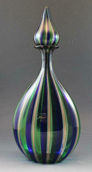 Valentina Italian Murano Venetian Glass Decanter W/ Aventurine Gold Green & Blue