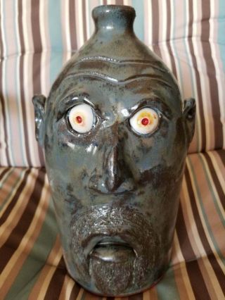 Pewter Blue Glazed Red Eyed Face Jug With Beard By Billy Joe Craven