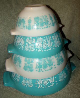 Vintage Pyrex Amish Butterprint 4pc Cinderella Nesting Mixing Bowl Set 441 - 444