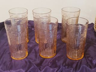 6 Federal Depression Glass Pink Sharon Cabbage Rose Thin Icetea Tumblers 5 1/4 "