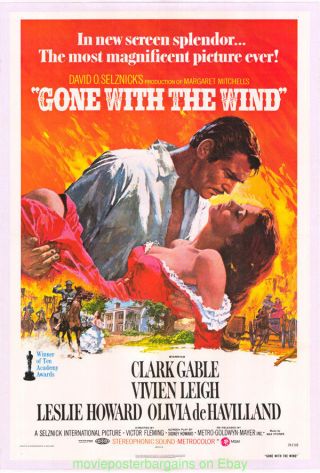 Gone With The Wind Movie Poster R1974 Folded Near One Sheet Clark Gable