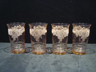 Set Of 4 Vintage Macbeth Evans Pink Dogwood Apple Blossom 12 Oz Glass Tumblers
