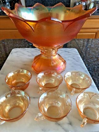 Westmoreland Marigold Carnival Glass Orange Peel Punch Bowl Set W/ 6 Cups