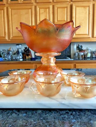 Westmoreland Marigold Carnival Glass Orange Peel Punch Bowl Set w/ 6 Cups 2