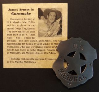 U.  S.  Marshal Old West Badge,  Gunsmoke,  James Arness,  Western,  Silver