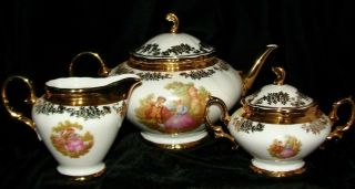 Pm&m Bavaria Porcelain 22kt Love Story By Fragonard Teapot Creamjug Sugarbowl