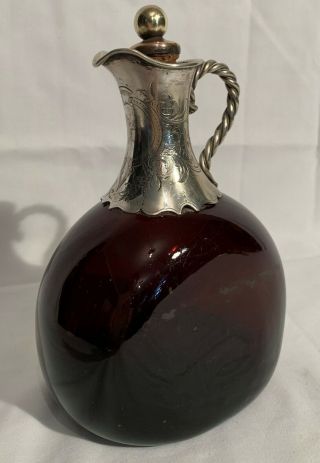 Antique Amber Glass & Silver Plate Claret / Wine Jug,  Decanter