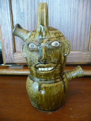 Rare Walter Fleming Folk Art Pottery Ash Glaze Double Chamber Monkey Jug