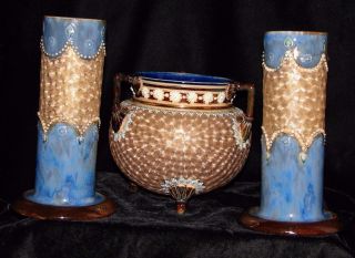 3 Royal Doulton Art Nouveau Stoneware Extreme Gilt Lace Pattern Tyg & 2 Vases