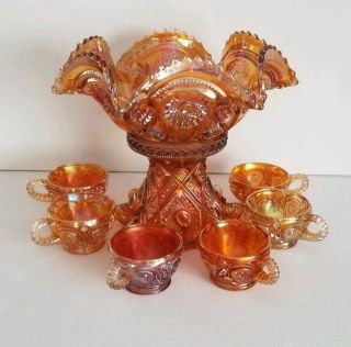 8 Piece Amber Carnival Glass Punch Bowl & Cups