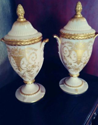 Pair Cambridge Glass Crown Tuscan Soft Pink Gold Covered Urns Etched Gilt Gold