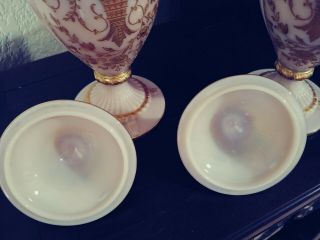 PAIR Cambridge Glass Crown Tuscan Soft Pink Gold Covered Urns Etched Gilt Gold 4