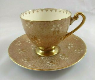 Shelley England Fine English Bone Gold Chintz Flowers Signed Tea Cup & Saucer