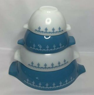Vintage Pyrex Cinderella Nesting Bowls Snowflake Blue Garland Set Of 4