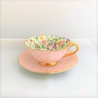 Shelley Countryside 13700 Pink Chintz (oleandar) Tea Cup & Saucer Gold Trim