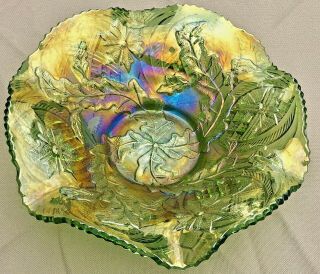 Vintage Millersburg Radium Carnival Glass 9.  5 " Green Whirling Leaves Bowl