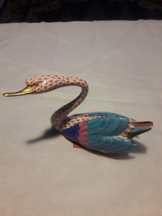 Herend Hand Painted Porcelain Large Swan Figurine; Pink/blue Fishnet 24k Trim