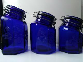 Set Of 3 Antique Cobalt Blue Glass Canisters Made In Italy