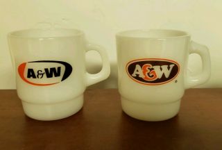 2 Rare Fire King Anchor Hocking A&w Root Beer Advertising Stackable Mugs