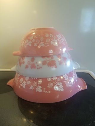 Pyrex Pink Gooseberry Cinderella Mixing Nesting Bowls 444 443 442 Vintage Set
