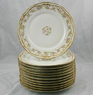 12 Theodore Haviland Limoges Dinner Plates Schleiger 844 Pink Roses Double Gold