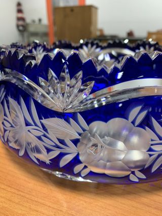 Antique Vintage Bohemian Blue Cut To Clear Crystal Bowl,  Large Centerpiece