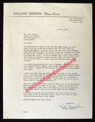 1960 Rare William Mishkin Signed Letter Exploitation Grindhouse Movie Vice Dolls