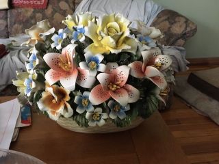 Large Capodimonte Porcelain Flowers Centerpiece Approx 15x23 Inches Very Heavy