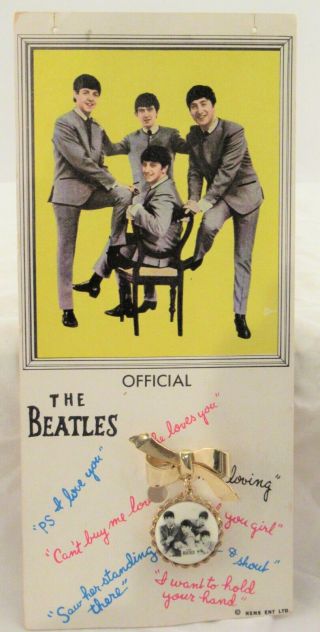Authentic Official Beatles Brooch On Color Photo Card Nems Ent Ltd Old