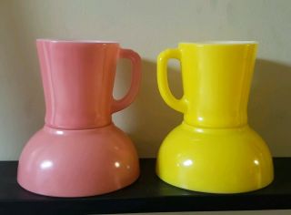 4 Fire King Fired On Pink & Yellow D Handle Mugs & Chili Bowls