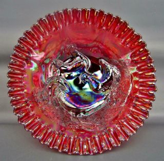 Modern Fenton Singleton Bailey Farmyard Red Crimped Carnival Glass 9 " Bowl 6577