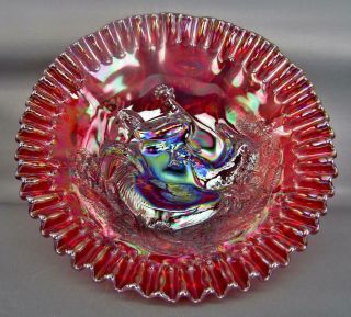 Modern Fenton Singleton Bailey FARMYARD Red Crimped Carnival Glass 9 