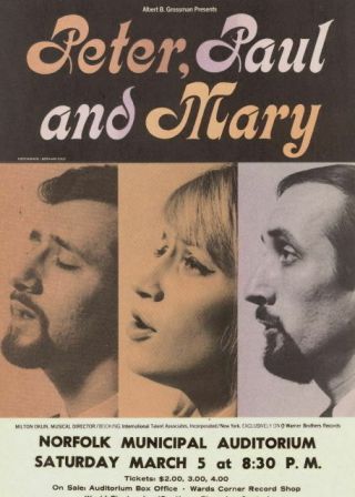Peter,  Paul And Mary 1966 Tour Norfolk,  Va.  Concert Flyer / Handbill