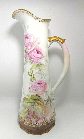 Antique A K Limoges France Fine Porcelain Pink Roses Tall Skinny Pitcher,  Signed