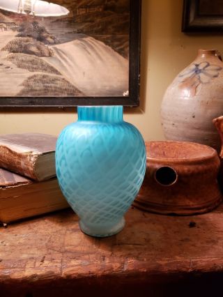 Antique Aqua Blue " Mop " Diamond Quilted Satin Glass Vase C.  1890 - 1900