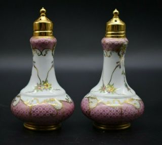 Old Paris French Enameled Flowers Pink And Gold 5 " Salt & Pepper Shakers
